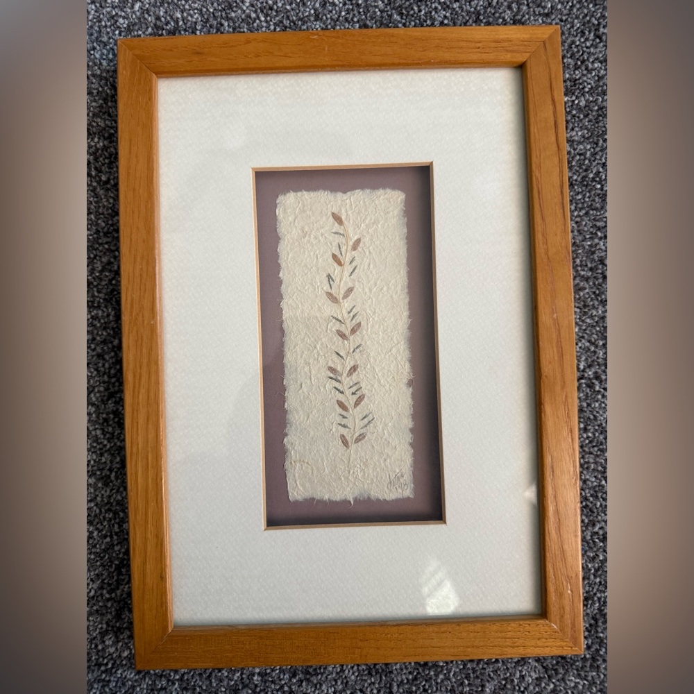 Vintage Signed ‘98 Framed Pressed Leaf Botanical Floral Sprig Handmade Paper Art